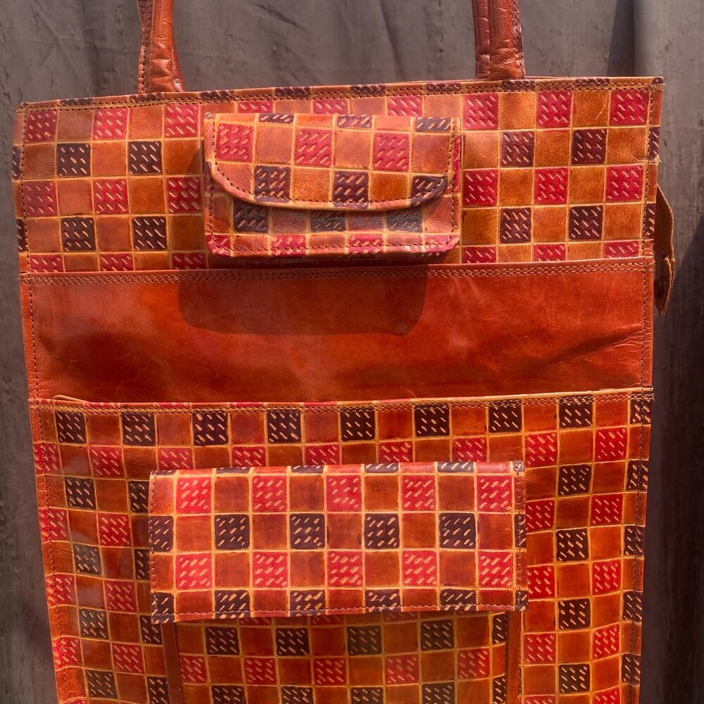 Vintage 1990s NachoCow Leather Patchwork Tote | Purple Red Shoulder Bag - Picture 5 of 9